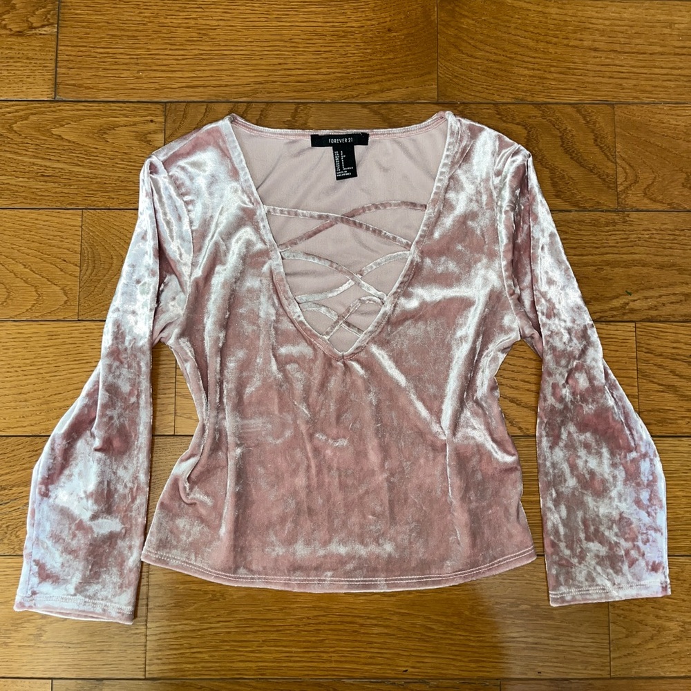 Forever 21 Blush Pink Crushed Velvet Lace-Up Crop Top